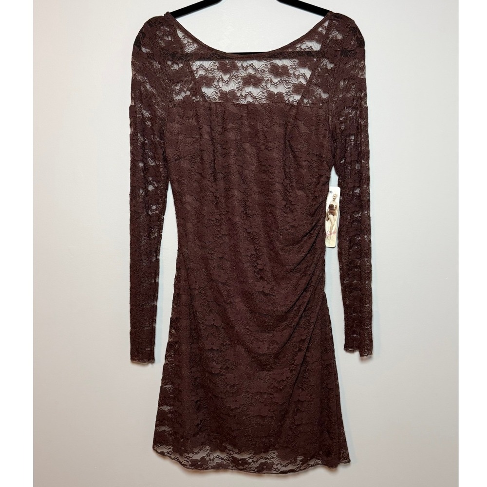 Honey and Rosie Brown Lace Long Sleeve Ruched Mini Dress Juniors L NWT